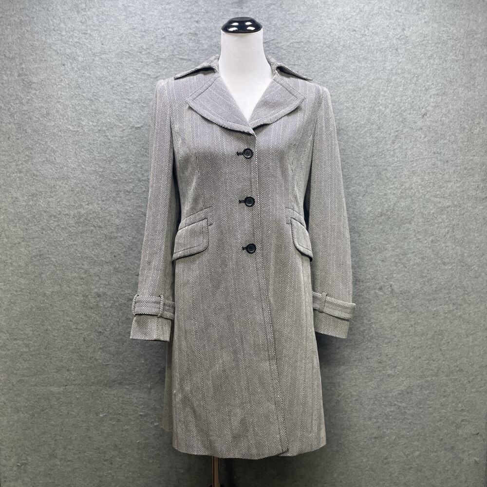 Talie Herringbone Wool Blend Trench Coat Womens 8 Black White Belted Long Coat
